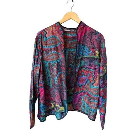 Vintage Chico’s 100% Silk Quilted Open Front Boho Paisley Jacket - Picture 2 of 9